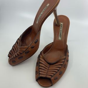 Tan Manolo Blahnik Peep Toed Heels